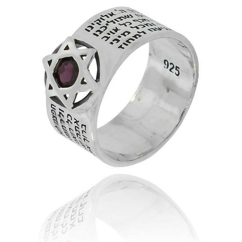 Amaizing Traveler's Prayer: Sterling Silver Star of David Ring with Garnet Stone