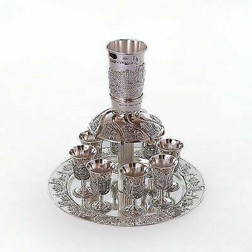 Wine Fountain DIVIDER Kiddush & 8 Goblets Silver plate Judaica Jerusalem