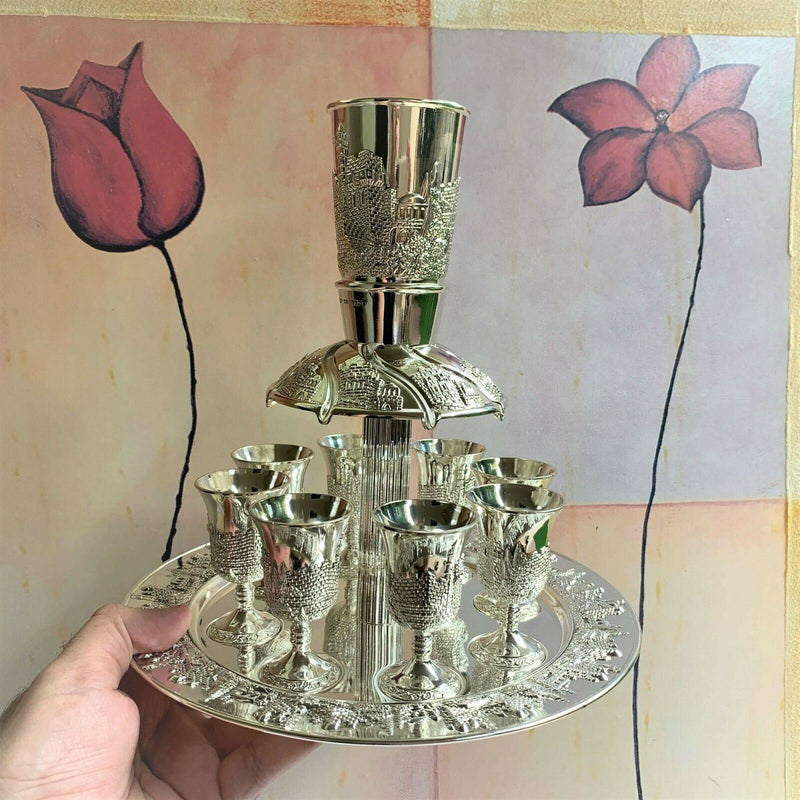 Wine Fountain DIVIDER Kiddush & 8 Goblets Silver plate Judaica Jerusalem