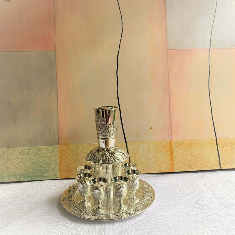 Wine Fountain DIVIDER Kiddush & 8 Goblets Silver plate Judaica Jerusalem