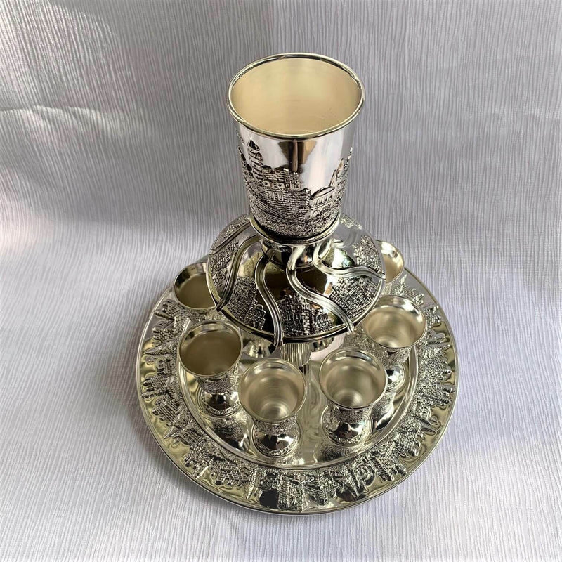 Wine Fountain DIVIDER Kiddush & 8 Goblets Silver plate Judaica Jerusalem