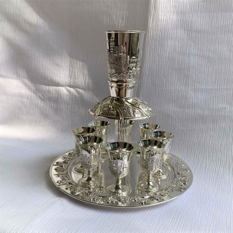 Wine Fountain DIVIDER Kiddush & 8 Goblets Silver plate Judaica Jerusalem