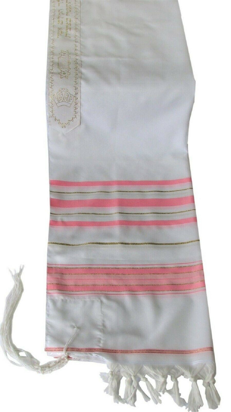 Acrylic Tallit Prayer Shawl Pink /Gold Stripes in Size 24" Long and 72" Wide