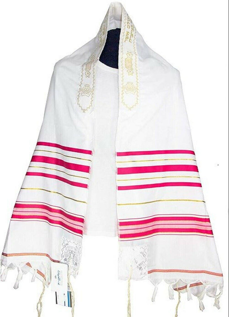 Acrylic Tallit Prayer Shawl Pink /Gold Stripes in Size 24" Long and 72" Wide