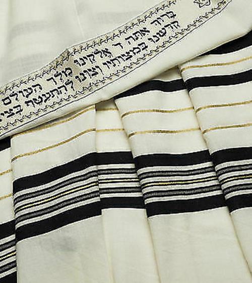 100% Wool Tallit Prayer Shawl in Black and Gold Stripes Size 24" L X 72" W