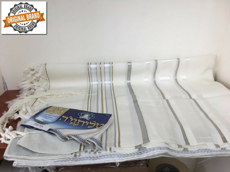 ORGINAL 100% Wool Tallit Prayer Shawl in Gold silver Stripes Size 55" L X 75" W