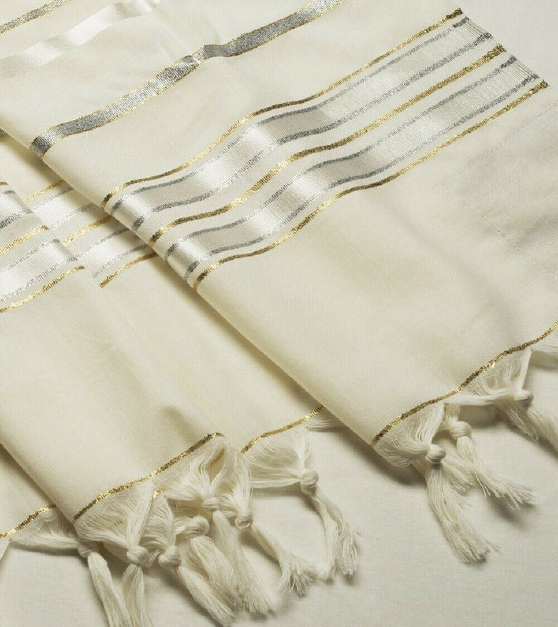 ORGINAL 100% Wool Tallit Prayer Shawl in Gold silver Stripes Size 55" L X 75" W