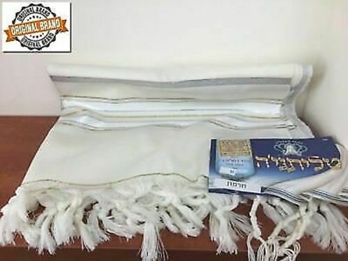 ORGINAL 100% Wool Tallit Prayer Shawl in Gold silver Stripes Size 55" L X 75" W