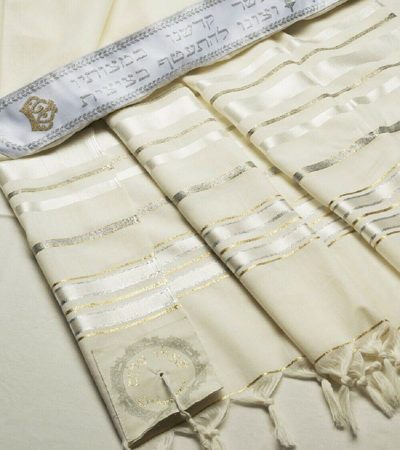 ORGINAL 100% Wool Tallit Prayer Shawl in Gold silver Stripes Size 55" L X 75" W