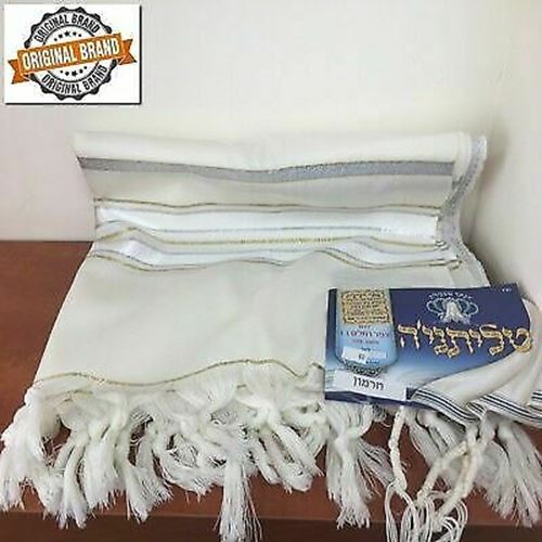 ORGINAL 100% Wool Tallit Prayer Shawl in Gold silver Stripes Size 55" L X 75" W