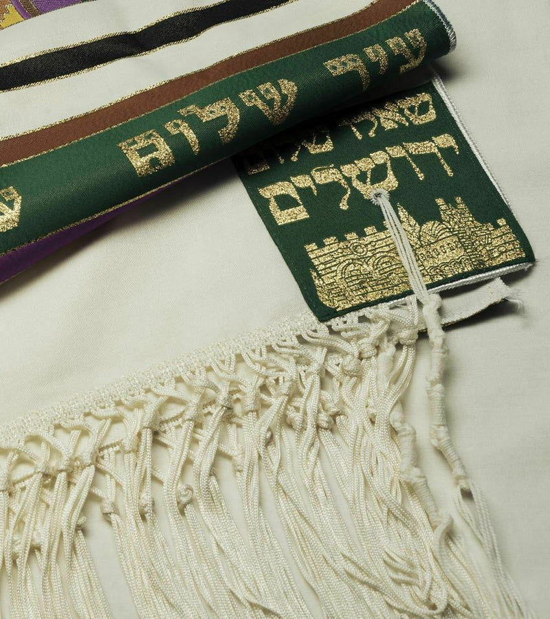 100% Wool Tallit Prayer Shawl Jerusalem Green Size 32" L X 71" W