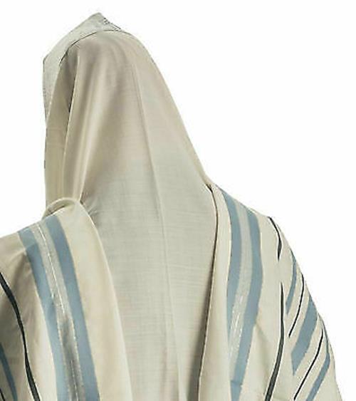 100% Wool Tallit Prayer Shawl in Light blue silver Stripes Size 24" L X 72" W