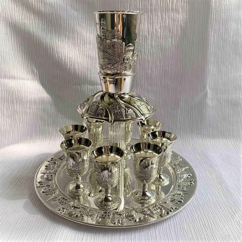 Wine Fountain Kiddush & 8 Goblets Silver plate Judaica