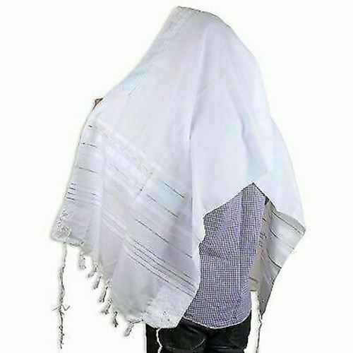 Kosher White Tallit Talis Prayer Shawl acrylic 55"X74" Made Israel silver Stripe