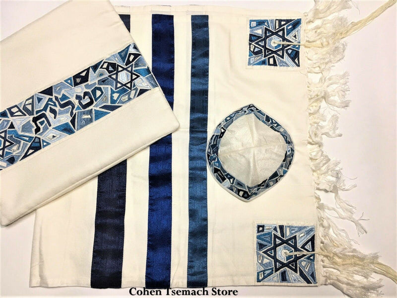 set Tallit+kippa+bag Embroidered Raw Silk 19X70" Emanuel Man/Women Magen David