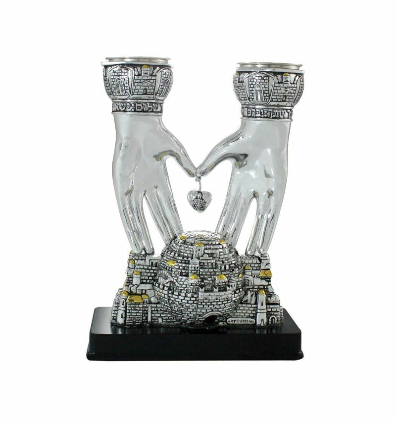 Silver Plated SHABBAT CANDLE HOLDERS Jerusalem Blessing Hands Gift From Israel