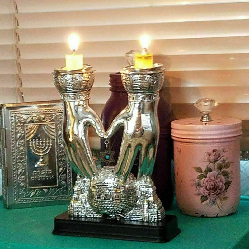 Silver Plated SHABBAT CANDLE HOLDERS Jerusalem Blessing Hands Gift From Israel