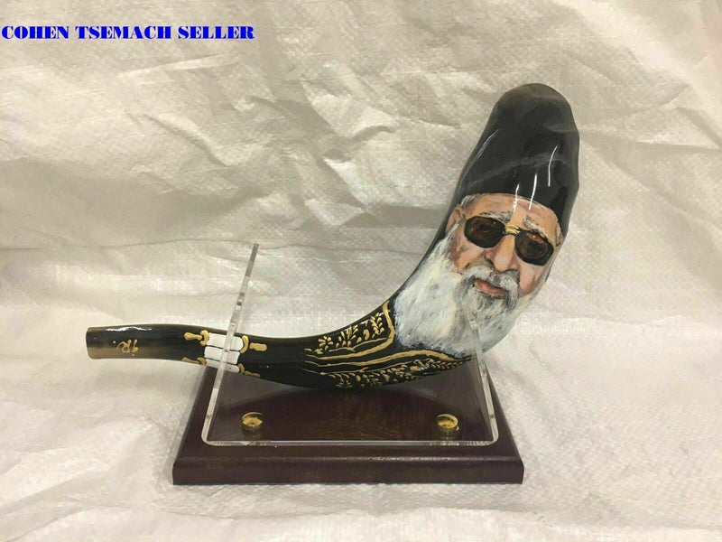 shofar 15"-17" ram horn shofar hand painted very special rabbi ovadia+stand new