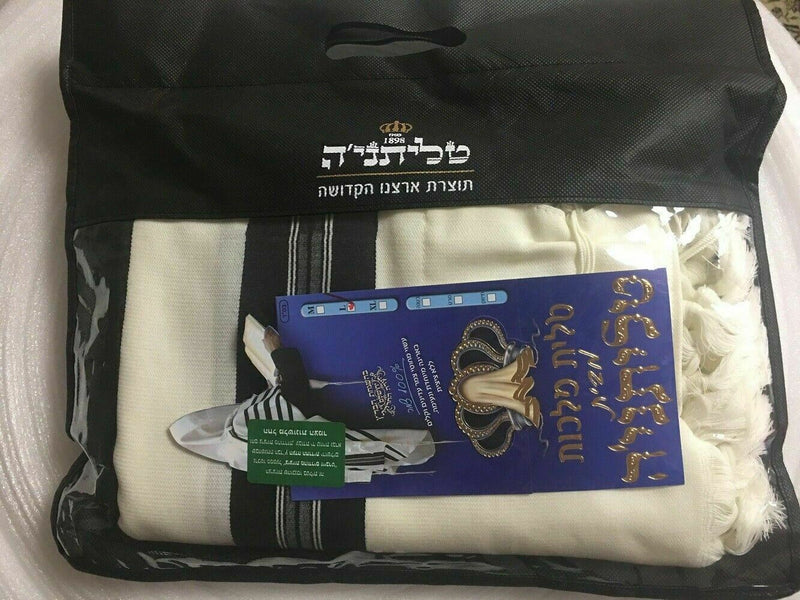 100% Wool Tallit Prayer Shawl Model Malchut Black Size 55" L X 71" W טלית כשר