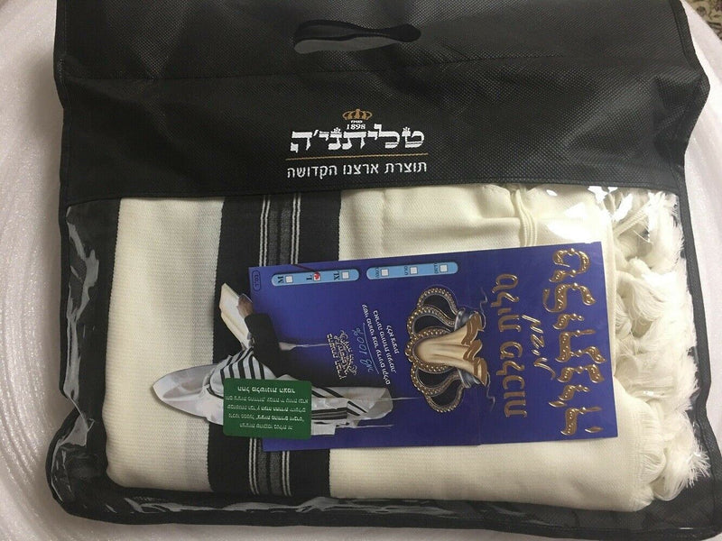 100% Wool Tallit Prayer Shawl Model Malchut Black Size 55" L X 71" W טלית כשר