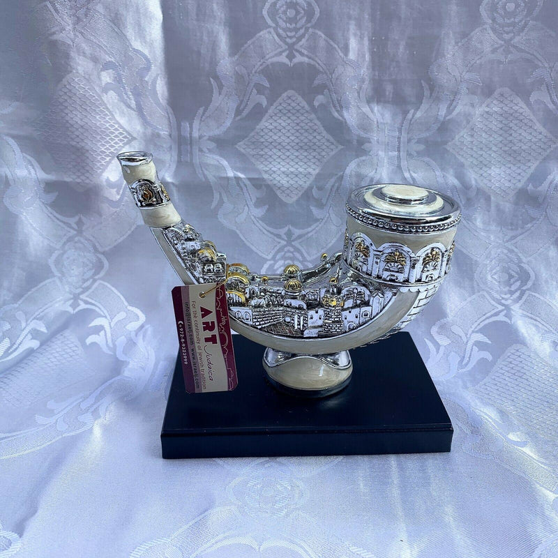 Silver Polyresin Shofar Miniature with Jerusalem and White Enamel Finish