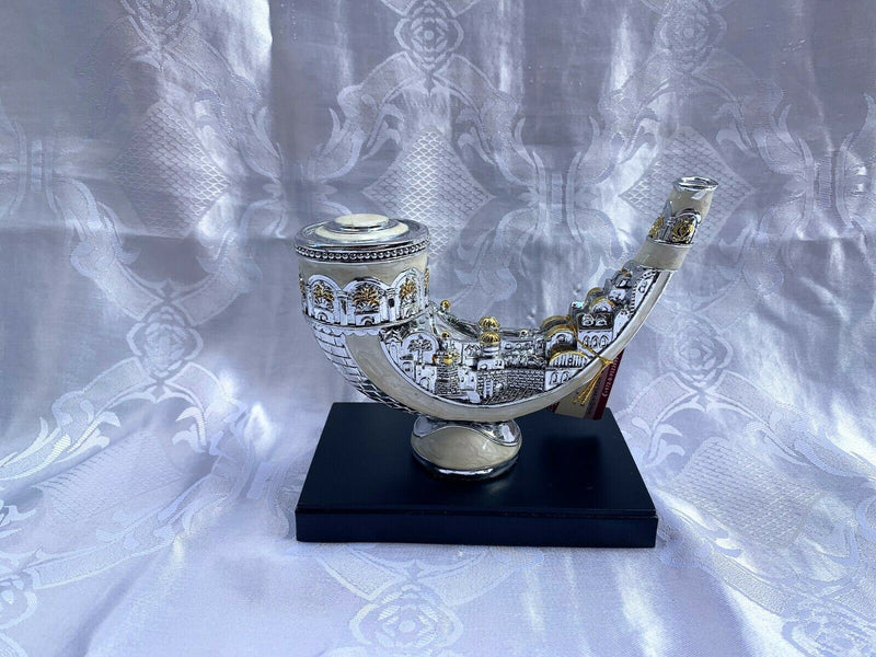 Silver Polyresin Shofar Miniature with Jerusalem and White Enamel Finish