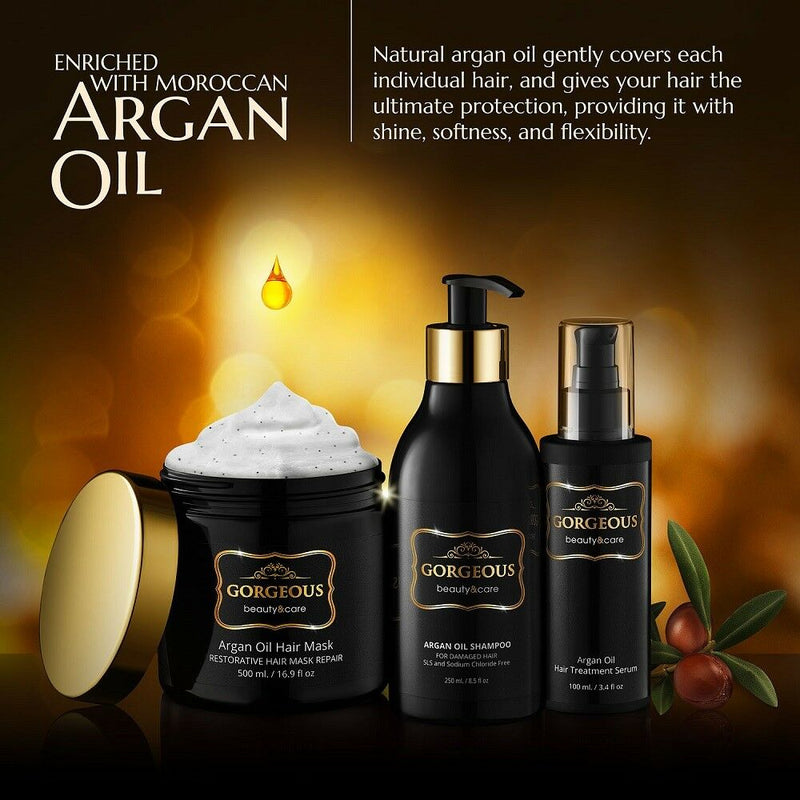 gorgeous 3 Pc Premium Hair Repair Set Argan Oil Shampoo mask Hair Protection oil