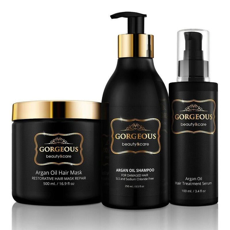 gorgeous 3 Pc Premium Hair Repair Set Argan Oil Shampoo mask Hair Protection oil