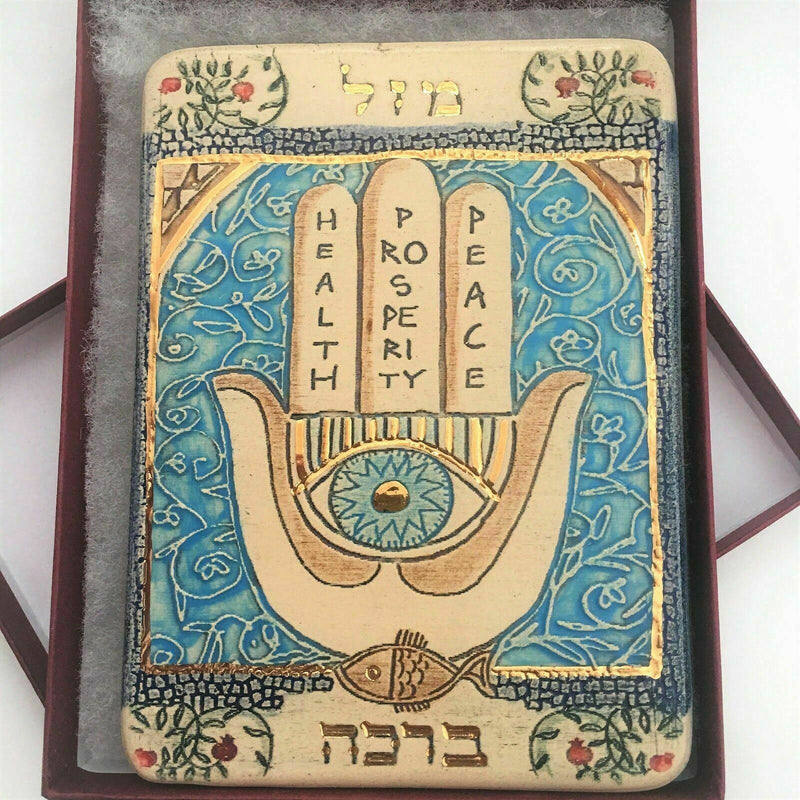 HAMSA For Luck And Bless Hand made Ceramic Wall Plaque 24k Gold Decoration 