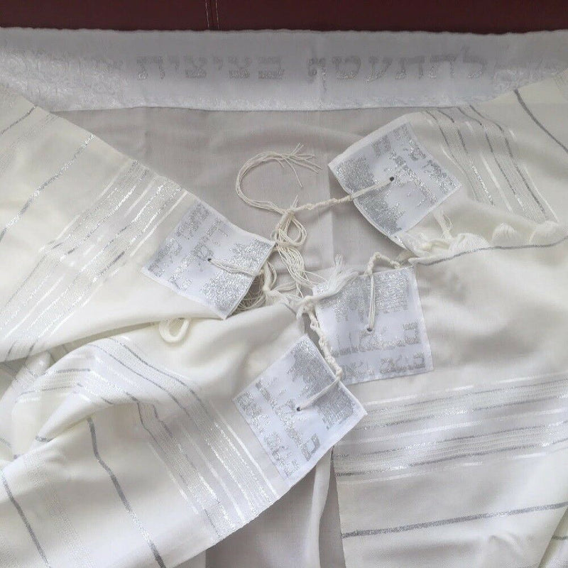 New 100% Wool Tallit Prayer Shawl Golan White Silver Size 47"L X 67"W Talitania