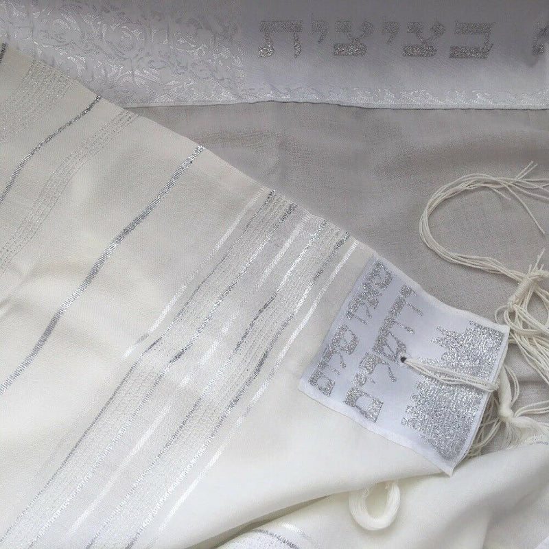 New 100% Wool Tallit Prayer Shawl Golan White Silver Size 47"L X 67"W Talitania