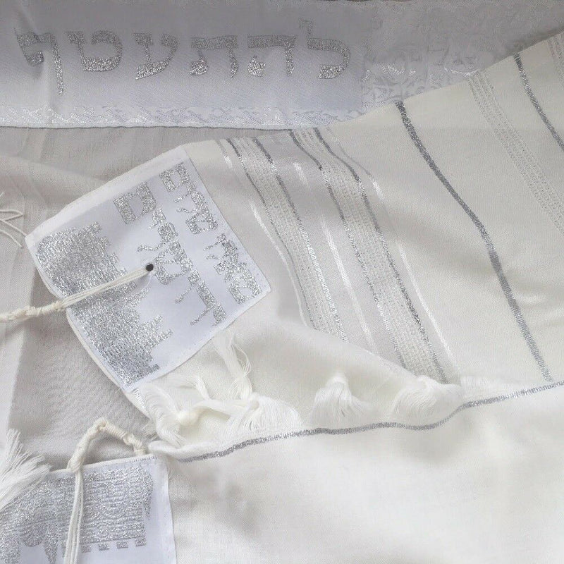 New 100% Wool Tallit Prayer Shawl Golan White Silver Size 47"L X 67"W Talitania