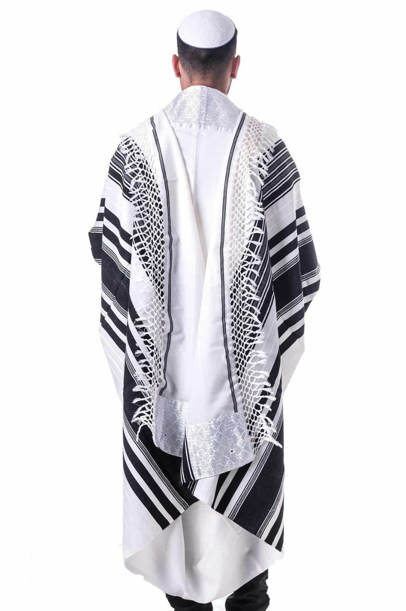 Traditional Pure Wool Tallit Prayer Shawl (Black and Silver Stripes)