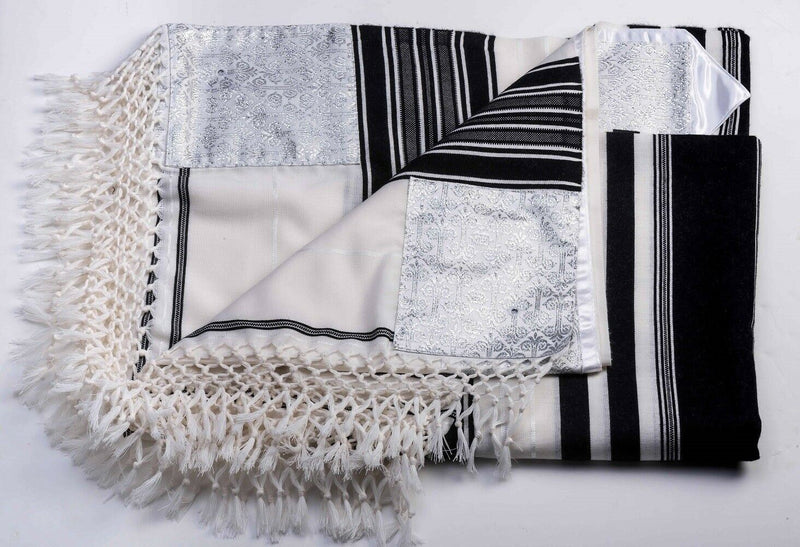 100% Kosher Wool Tallit Prayer Shawl Yemenite with Black Stripes and White Atara