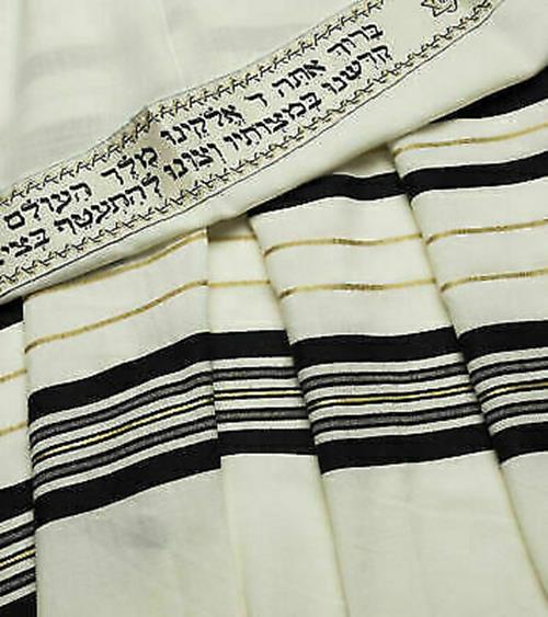 100% Wool Tallit Prayer Shawl in Black and Gold Stripes Size 59" L X 80" W