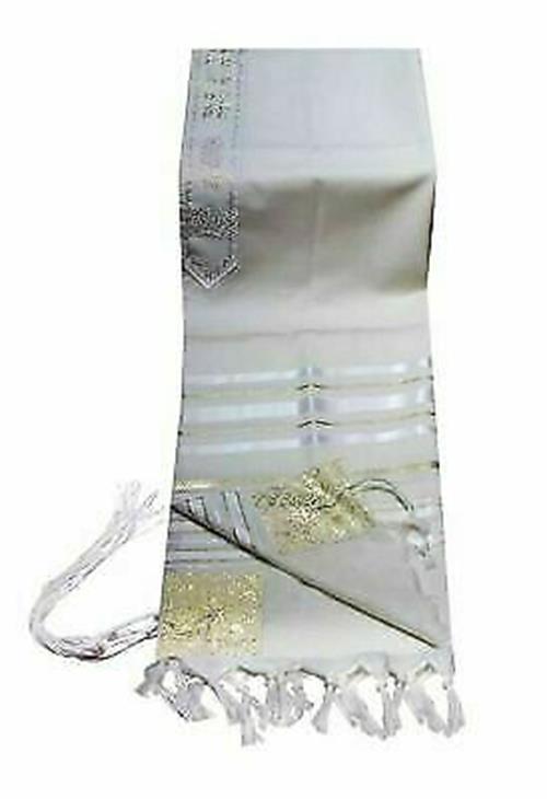 100% Wool Tallit Prayer Shawl in White and Gold Stripes Size 42" L X64" W