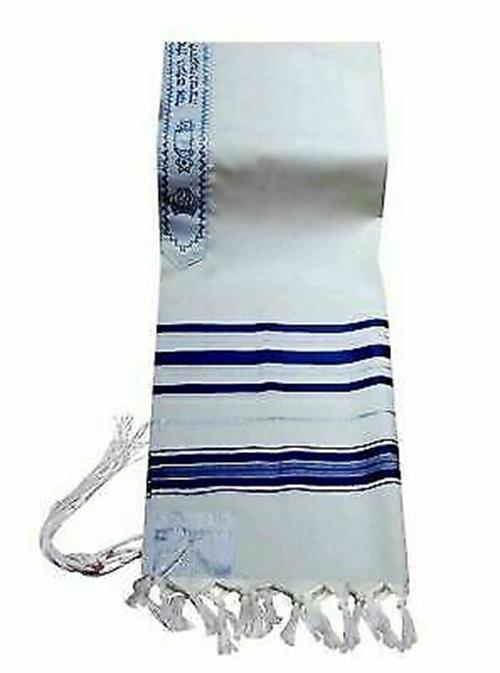 100% Wool Tallit Prayer Shawl in Blue and Silver Stripes Size 36" L X 72" W