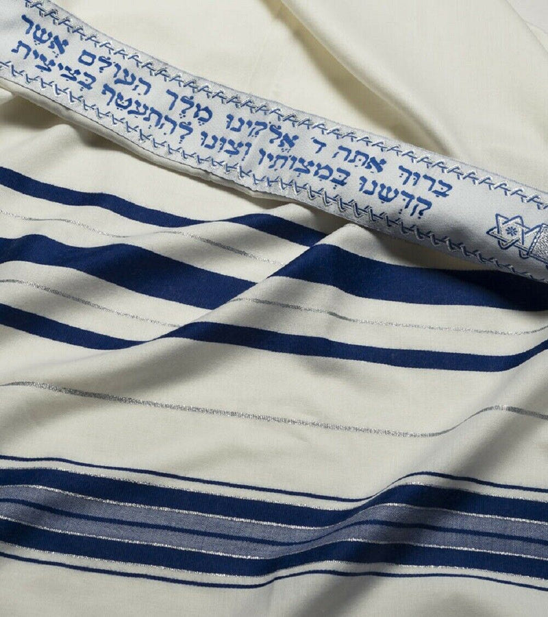 Kosher Tallit Talis Prayer Shawl 100% Wool 51X71"/130x180cm Blue&silver stripes