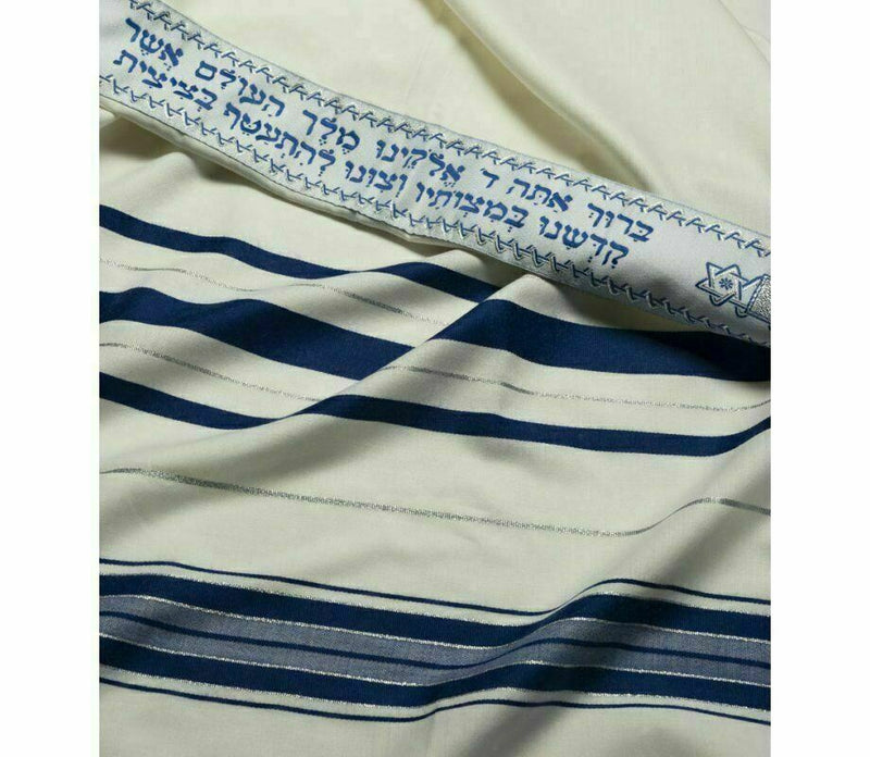 Kosher Tallit Talis Prayer Shawl 100% Wool 43X63"/110x160cm Blue&silver stripes