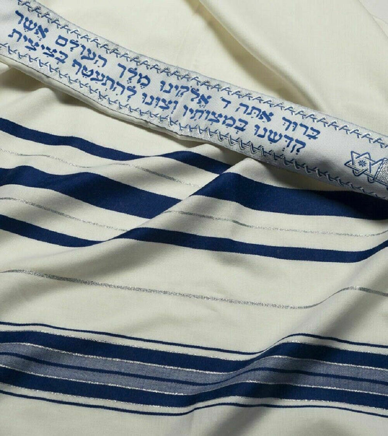 Kosher Tallit Talis Prayer Shawl 100% Wool 43X63"/110x160cm Blue&silver stripes