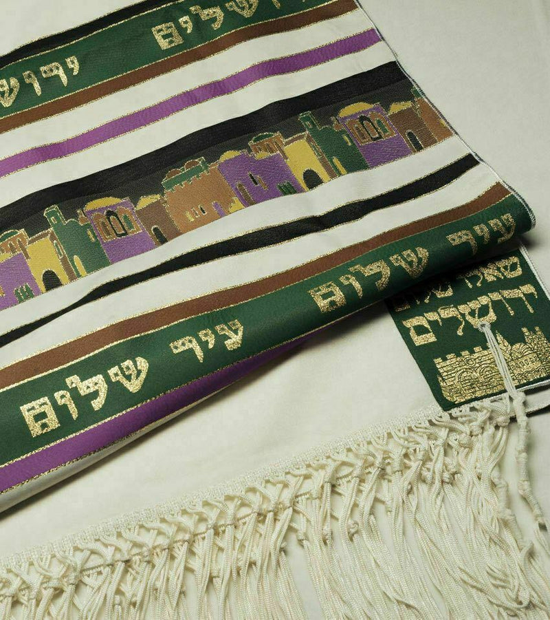 100% Wool Tallit Prayer Shawl Jerusalem Green Size 16" L X 71" W