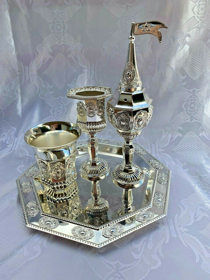 4 Piece Havdallah Set +Tray | Silver Plate| Shabbat Gift | Judaica | Havdalah