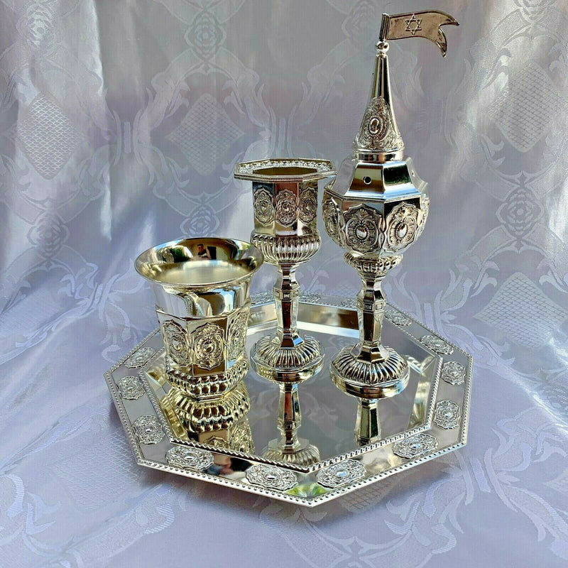 4 Piece Havdallah Set +Tray | Silver Plate| Shabbat Gift | Judaica | Havdalah