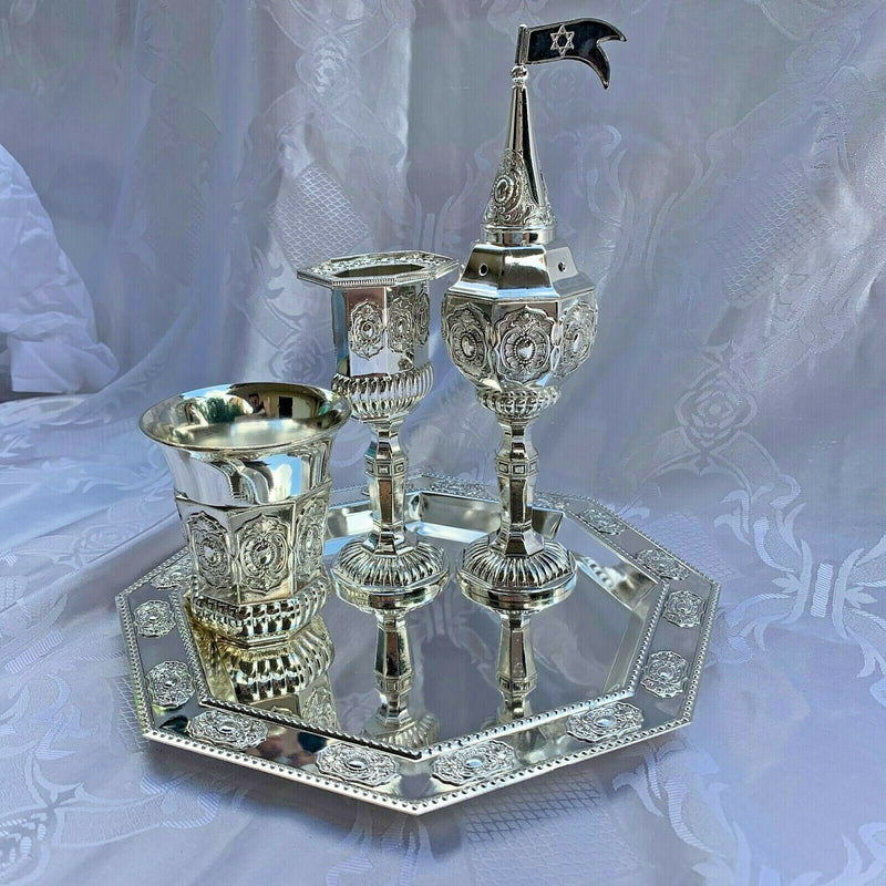 4 Piece Havdallah Set +Tray | Silver Plate| Shabbat Gift | Judaica | Havdalah