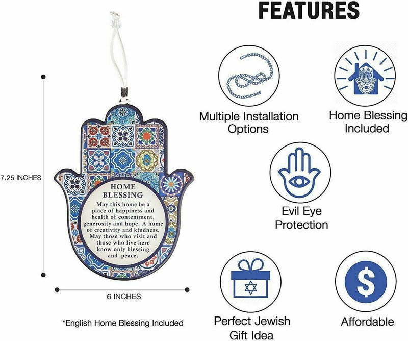 Judaica Kabbalah Home Blessing Hamsa Wood Epoxy English Wall Hang Evil Eye