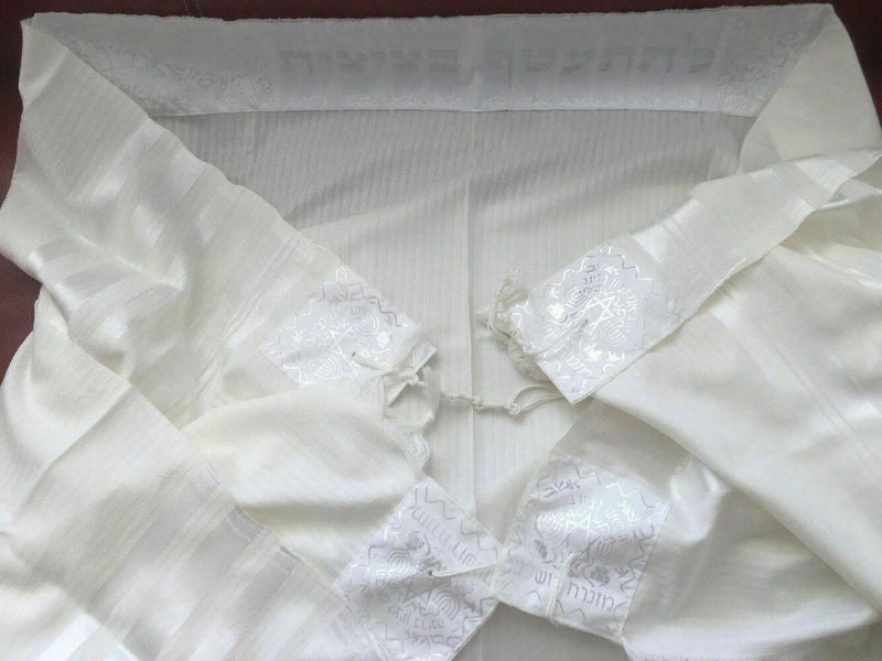 New 100% Wool Tallit Prayer Shawl Meron White Size 47"L X 67" W Kosher Talitania