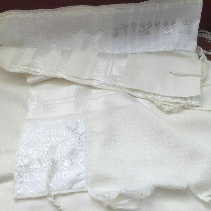 New 100% Wool Tallit Prayer Shawl Meron White Size 47"L X 67" W Kosher Talitania
