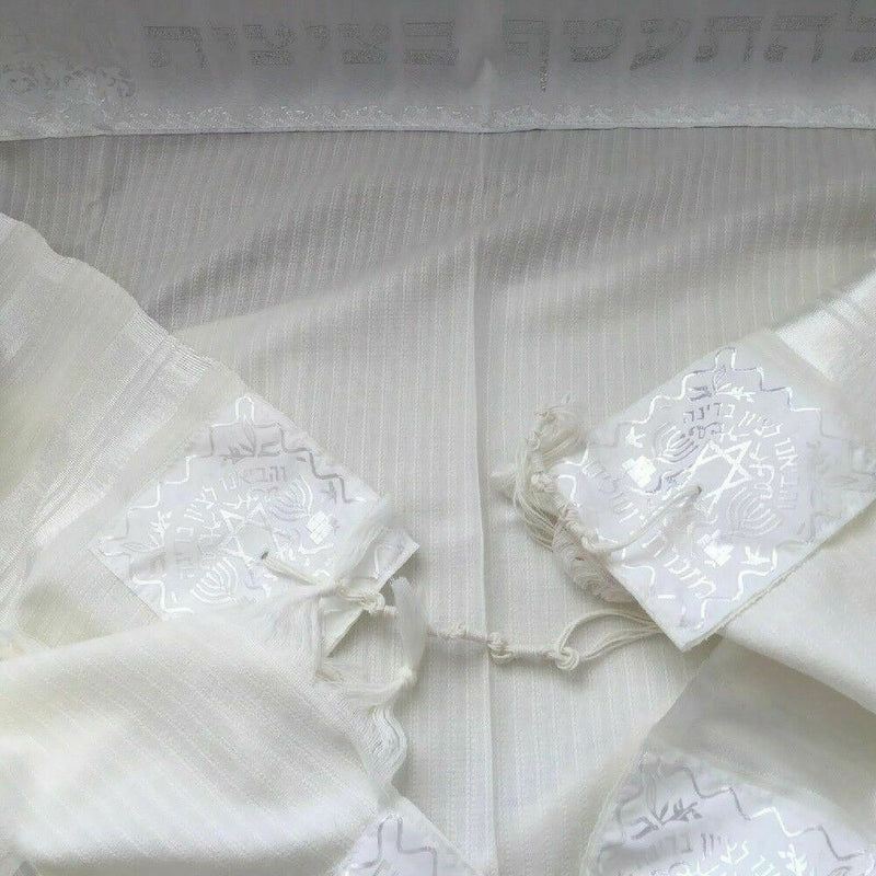 New 100% Wool Tallit Prayer Shawl Meron White Size 55" L X 71" Kosher Talitania