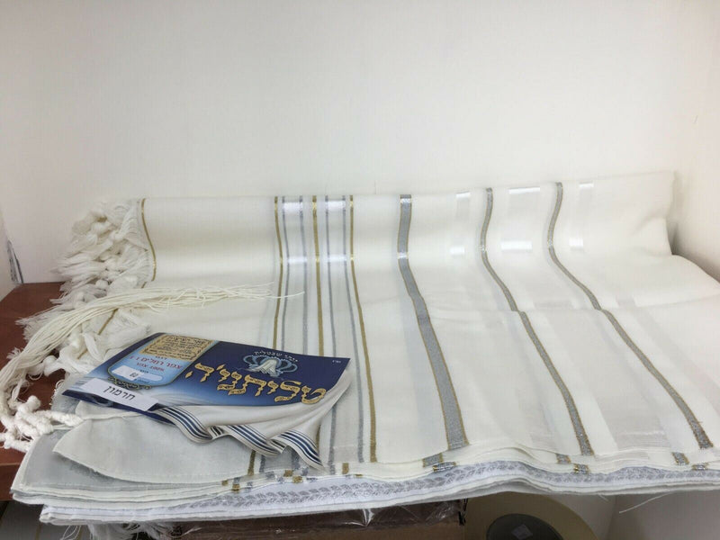 Wool Tallit Prayer Shawl in Gold silver Stripes Size 55" L X 75" W