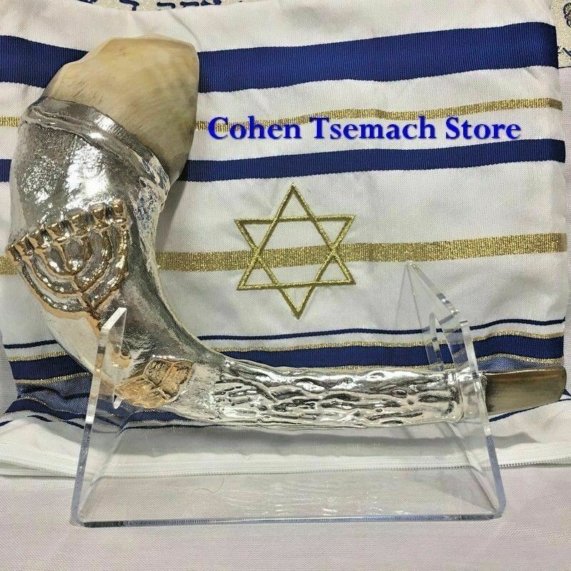 Silver Plated Rams Horn Shofar with Menorah Knesset  Stand